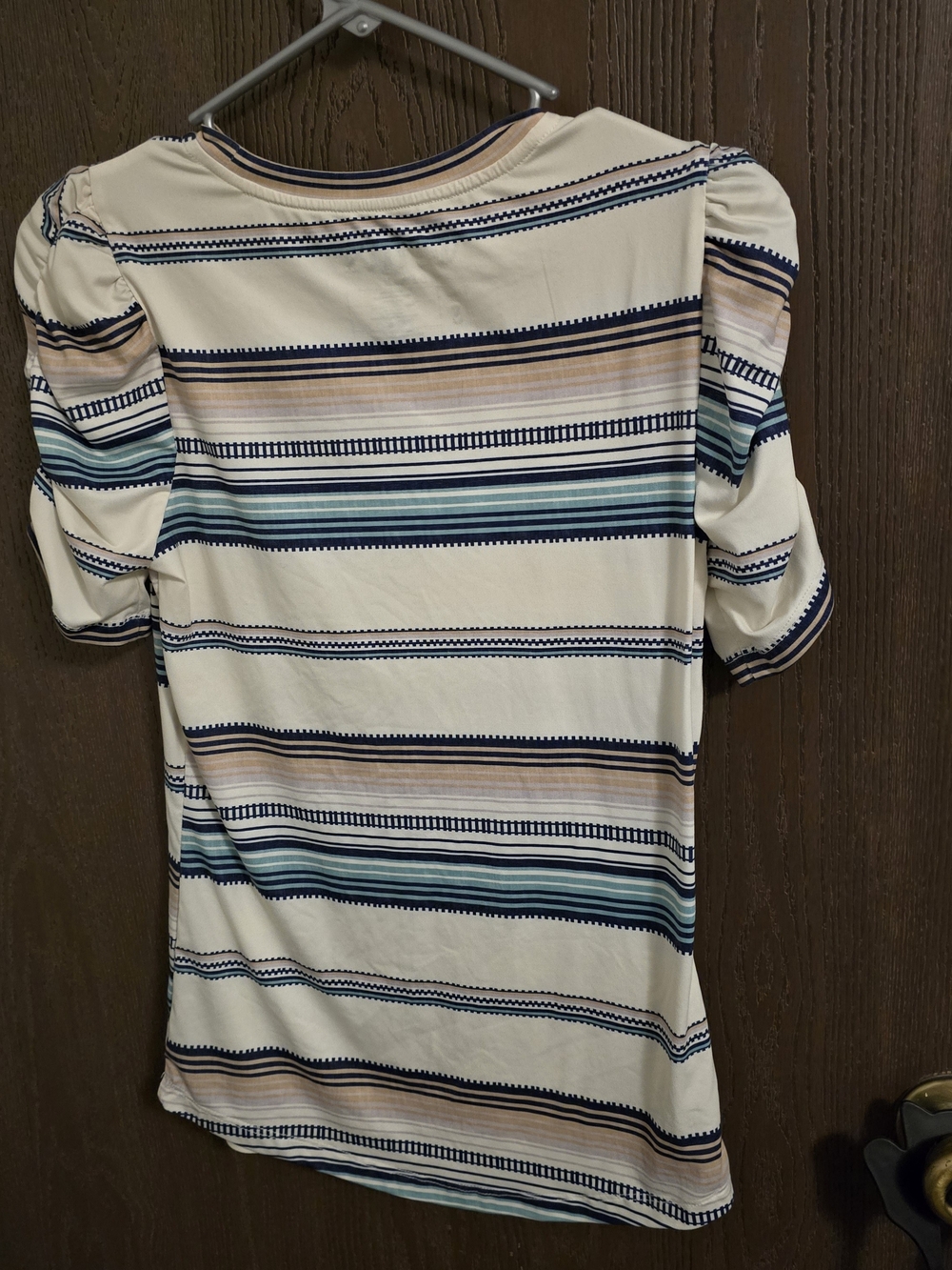 Cream Striped Puff-Sleeve Tee with Blue and Tan Stripes - Picture 4 of 4
